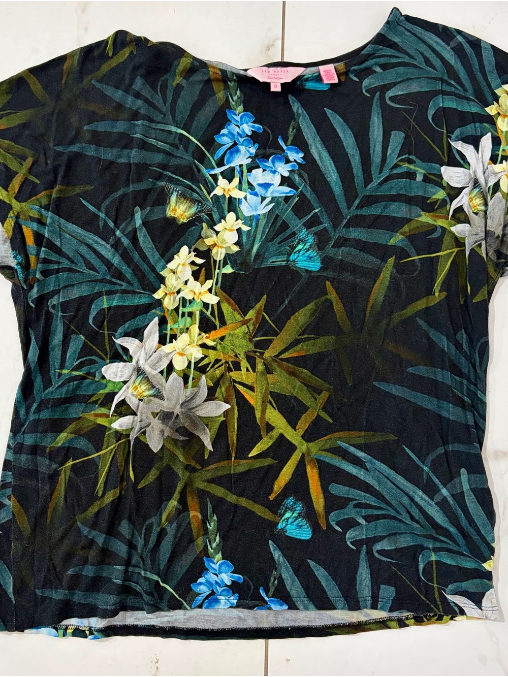 Ted Baker Floral Butterfly Print Short Sleeve Top - size 3